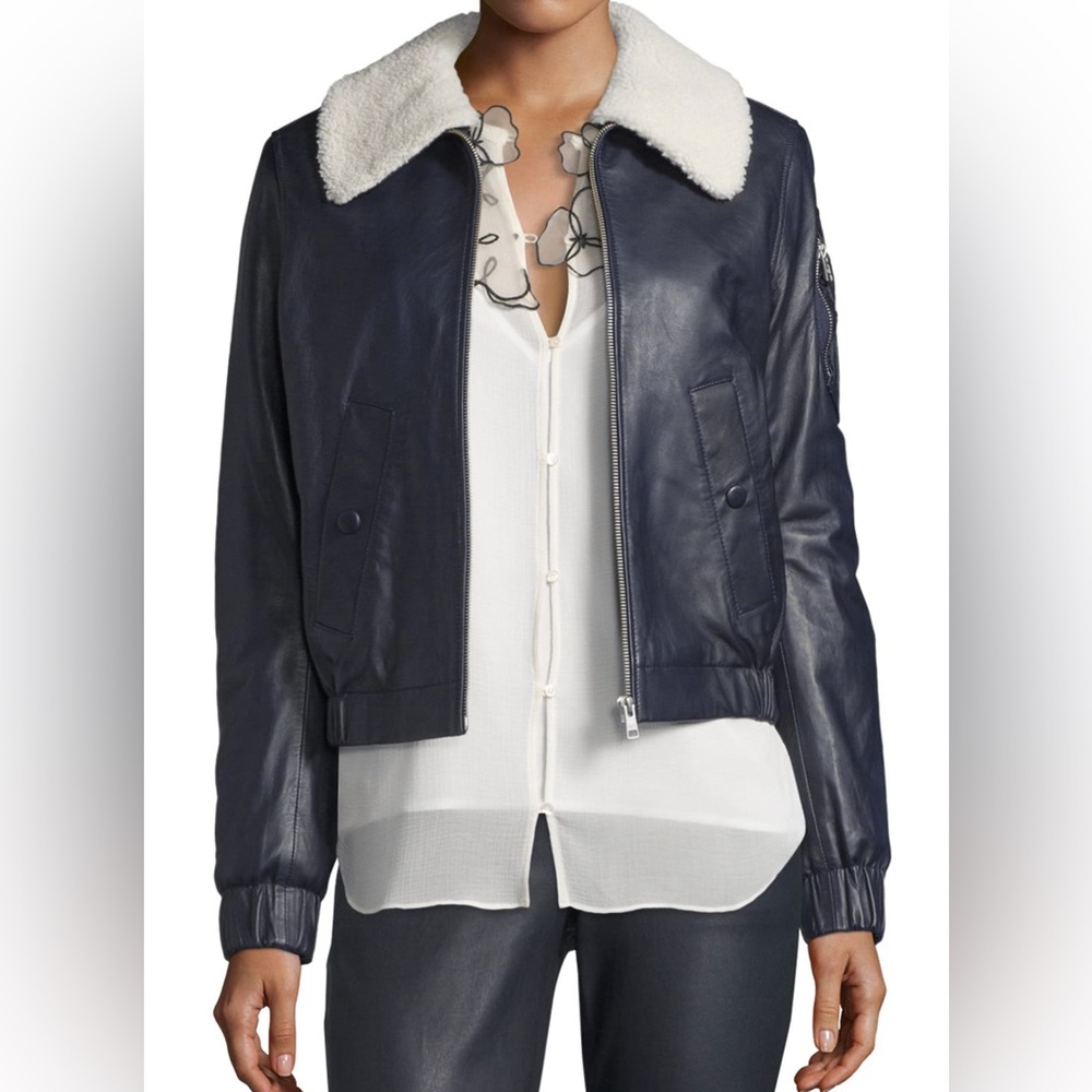See By Chloe Leather Navy Bomber Jacket with Shearling Collar